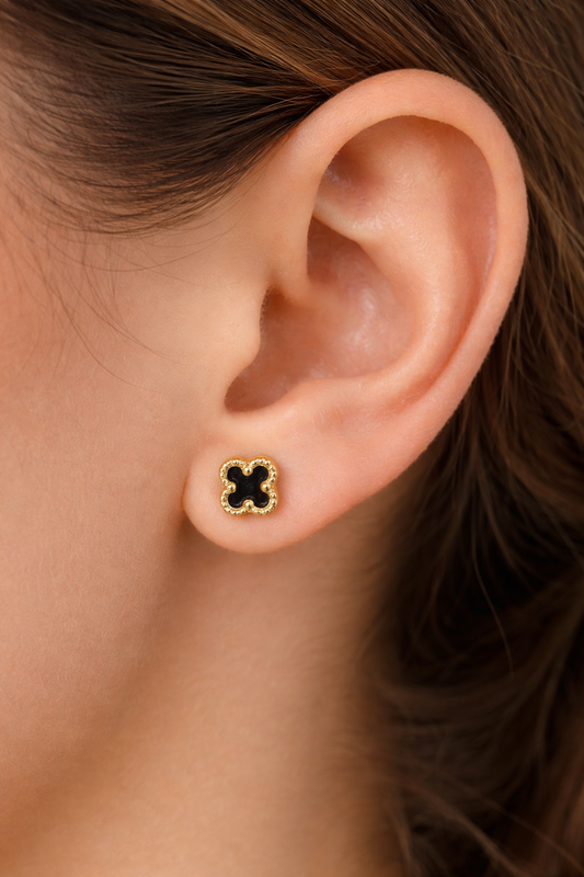 Gold Black Quatrefoil Stud Earrings