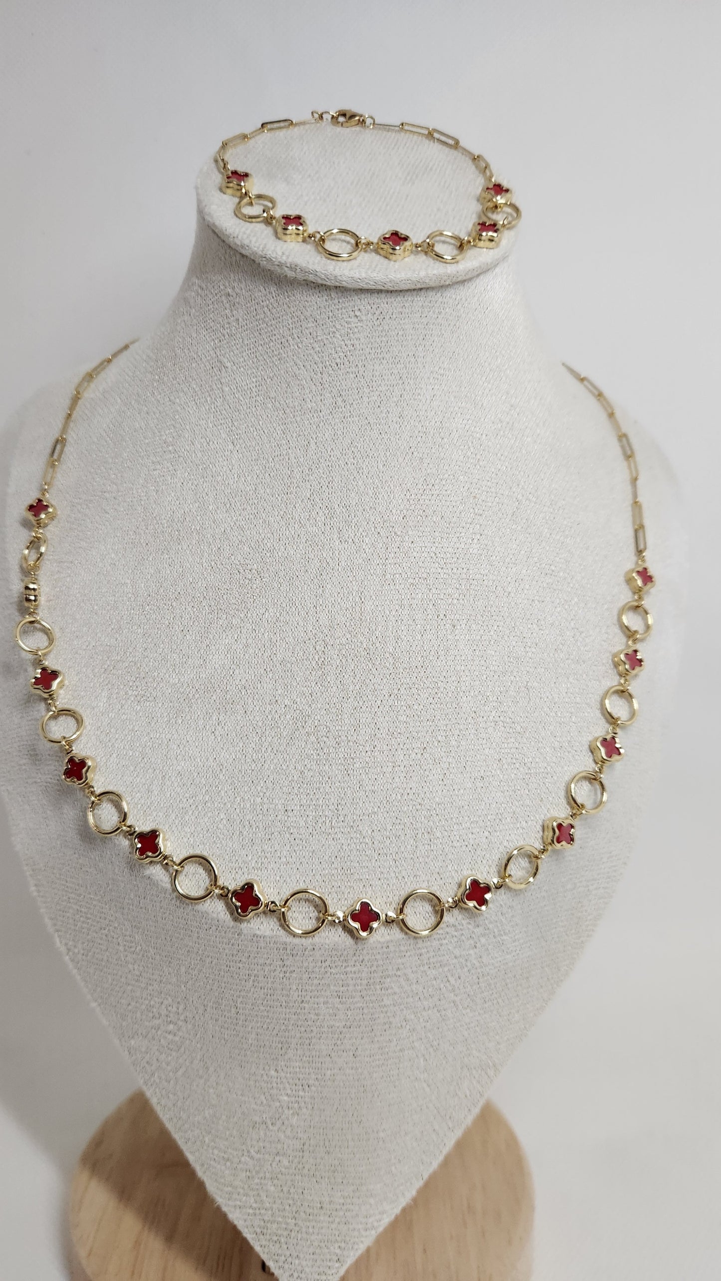 Necklace & Bracelet with Red Clover Detail
