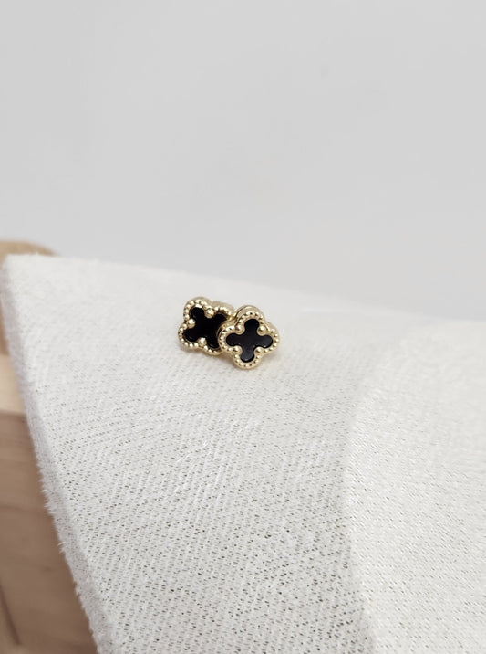 Gold Black Quatrefoil Stud Earrings